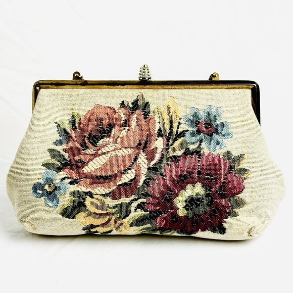 Verdi Mid-Century Vintage Floral Embroidered Bag GUC w/ Gold Tone Chain - Picture 4 of 14